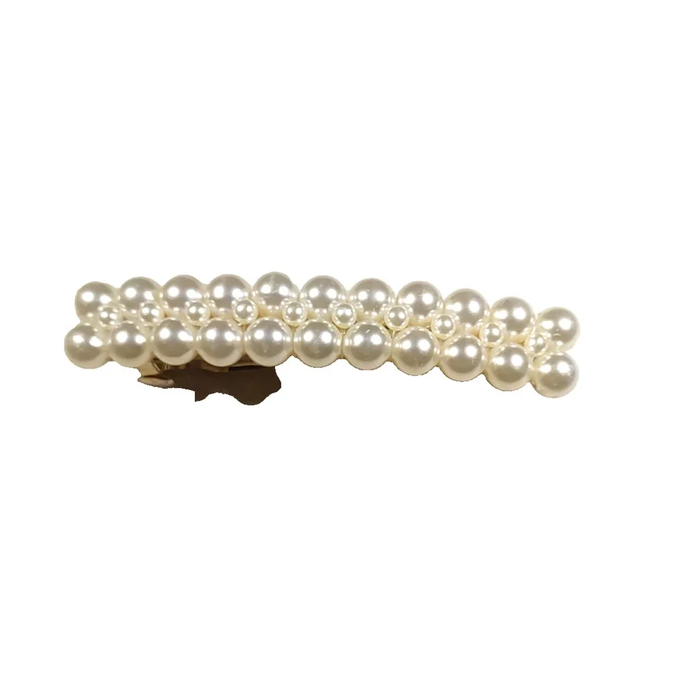 Faux Pearl Barrette Tension Clip Gold Tone White Church Party